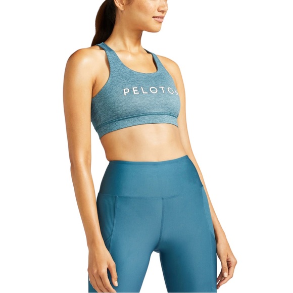 NEW Peloton Heathered Teal Blue Cutout Strappy Stretch Logo Sports Bra Size S - Picture 2 of 12